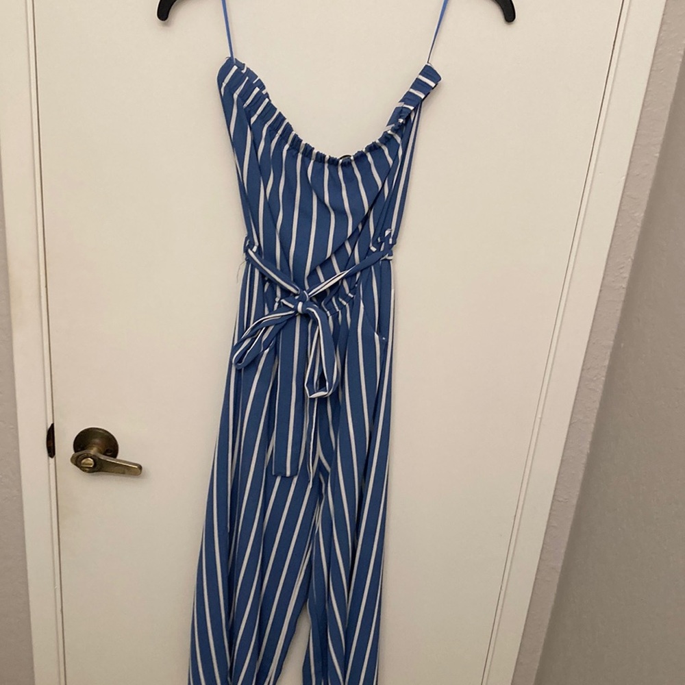 Blue and white vertical stripe strapless jumpsuit